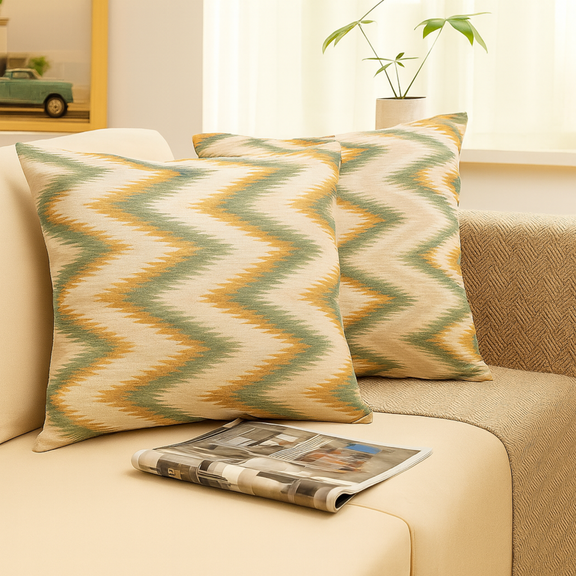 Earth Tone Ikat Zigzag Pattern Cushion Covers